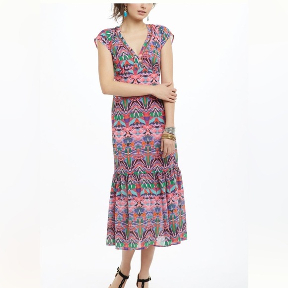 Anthropologie Vanessa Virginia Mural Maxi Dress Pink Green Purple Sz 6 - Picture 1 of 12